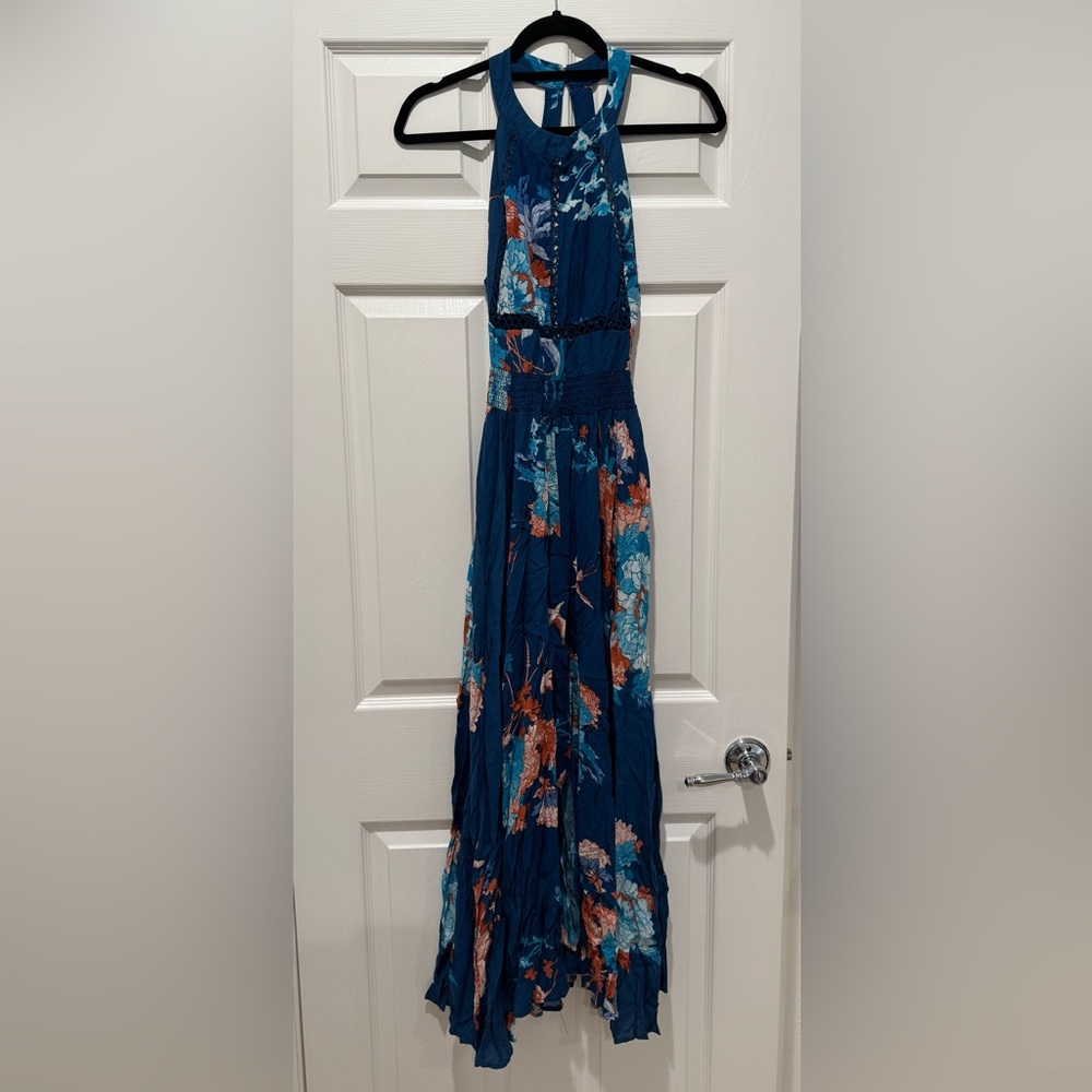 Jaase Endless Summer Turquoise Floral Print Halter Maxi High Slit Dress Small